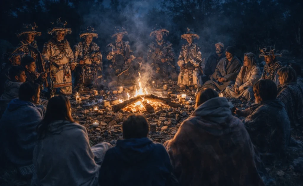Large group gathered in a circle around a nighttime bonfire, with men in traditional ceremonial attire and woven hats standing near the flames while others sit wrapped in blankets, illuminated by candlelight and firelight.