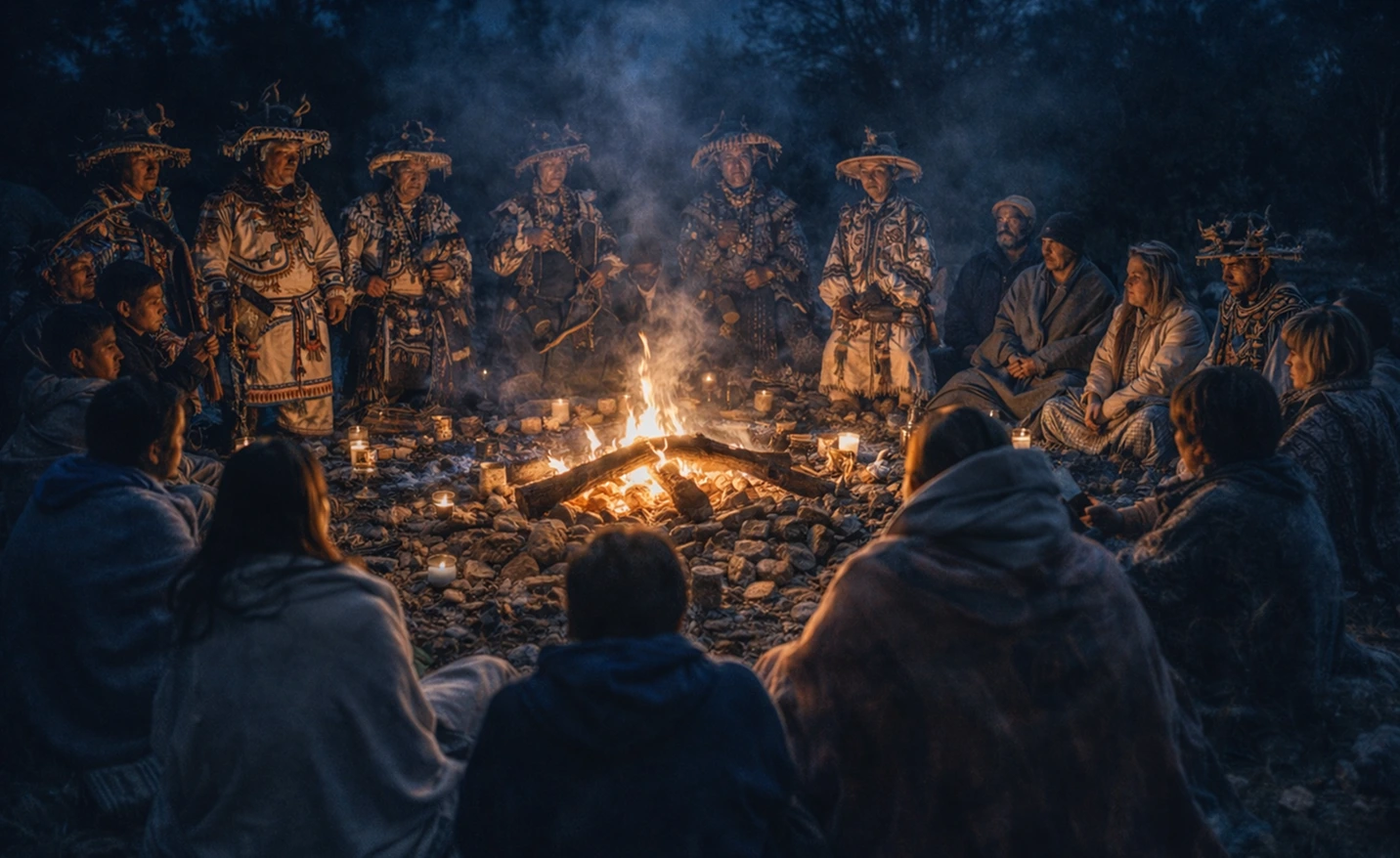 Large group gathered in a circle around a nighttime bonfire, with men in traditional ceremonial attire and woven hats standing near the flames while others sit wrapped in blankets, illuminated by candlelight and firelight.