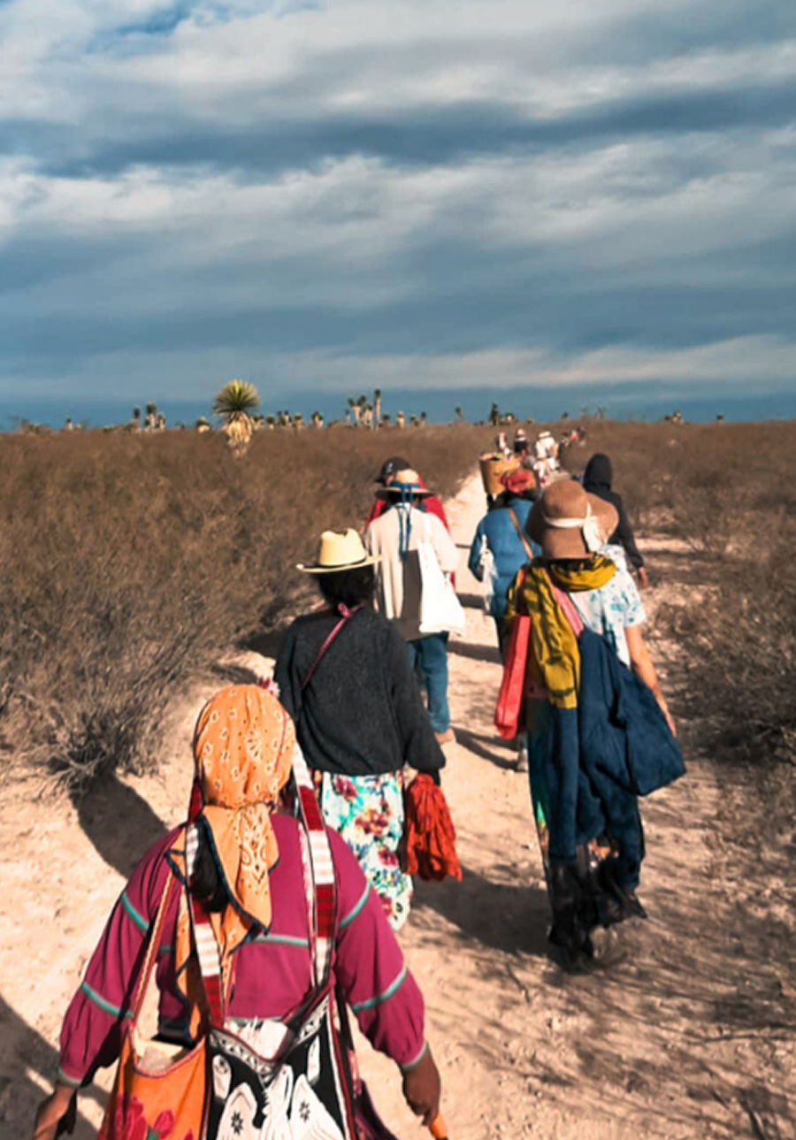 Group of people in colorful traditional clothing walking through dry grassland toward distant hills.