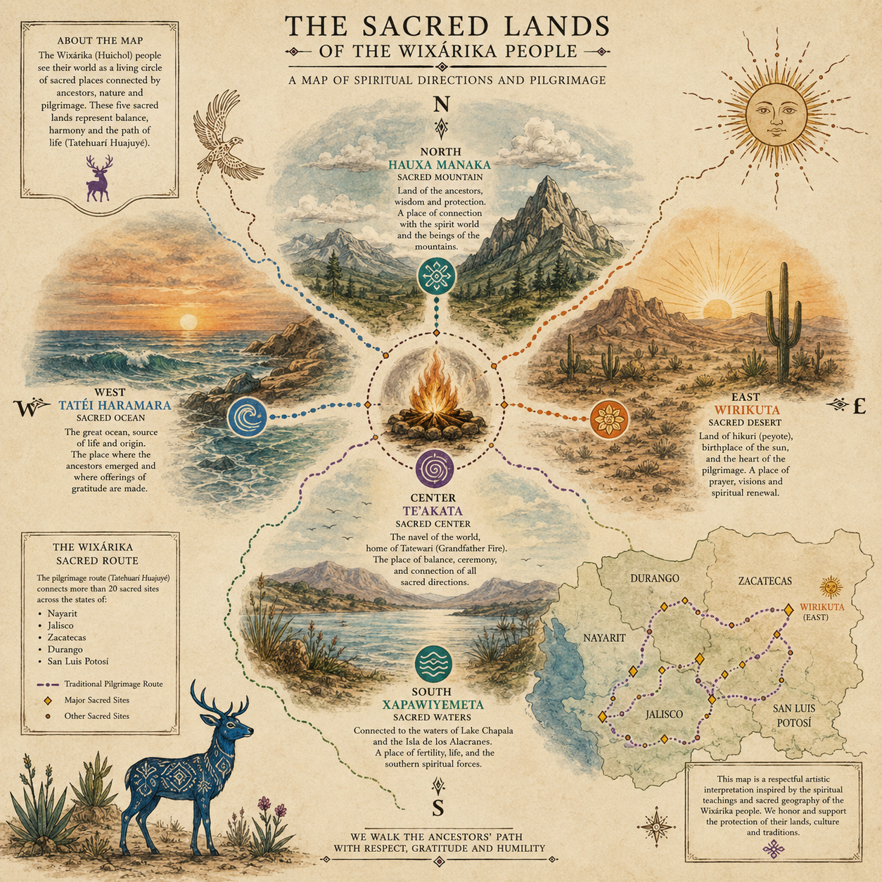 Artistic map of the sacred lands of the Wixárika people including Wirikuta, Tatei Haramara, and Te’akata